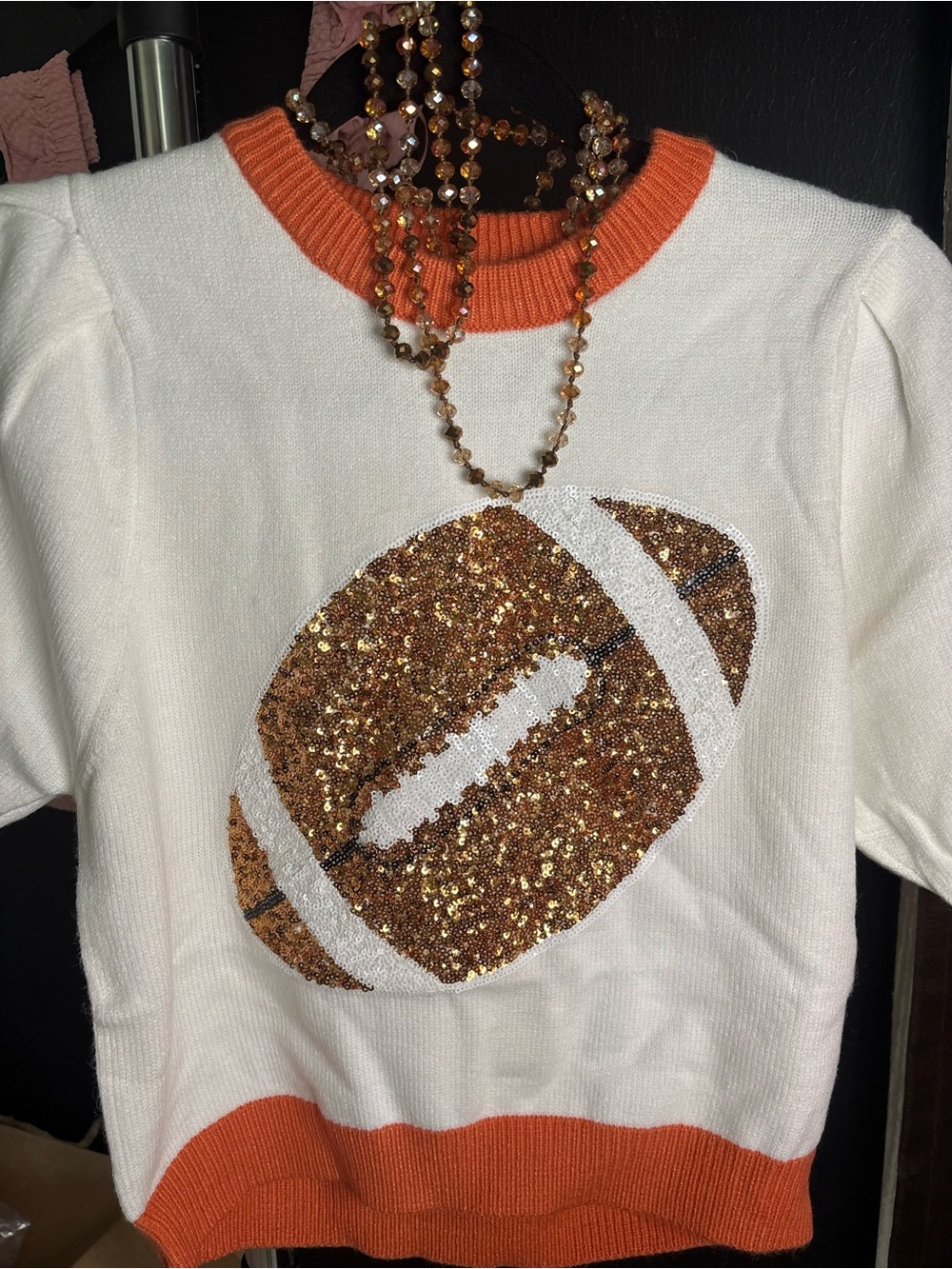 Women White & Orange Football Sequin Sweater Top